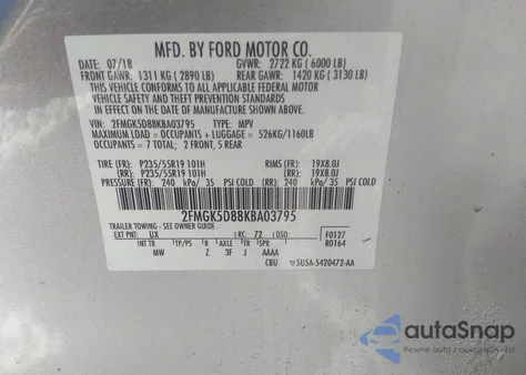 2019 Ford Flex Limited из США, поврежденный, VIN 2FMGK5D88KBA03795